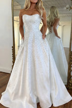 Load image into Gallery viewer, Trendy A Line Sweetheart Pink Long Prom Dress with Pearls Criss Cross Back