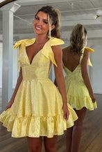 Load image into Gallery viewer, Trendy A Line V Neck Royal Blue Short Homecoming Dress with Beading Bowknot