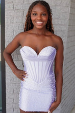 Load image into Gallery viewer, Stylish Bodycon Sweetheart Light Blue Corset Homecoming Dress with Pearls
