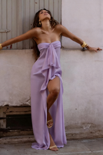 Load image into Gallery viewer, Trendy Sheath Strapless Ivory Satin Long Prom Dress with High Slit & Ruffle Layers