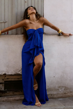 Load image into Gallery viewer, Trendy Sheath Strapless Ivory Satin Long Prom Dress with High Slit & Ruffle Layers