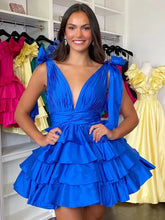 Load image into Gallery viewer, Black A-Line V-Neck Short Tiered Satin Homecoming Dress