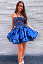 Load image into Gallery viewer, Avant-garde A Line Halter Neck Royal Blue Short Homecoming Dress with Beading Keyhole