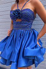 Load image into Gallery viewer, Avant-garde A Line Halter Neck Royal Blue Short Homecoming Dress with Beading Keyhole