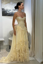 Load image into Gallery viewer, Gorgeous A Line Sweetheart Light Yellow Lace Prom Dress with Structured Bodice