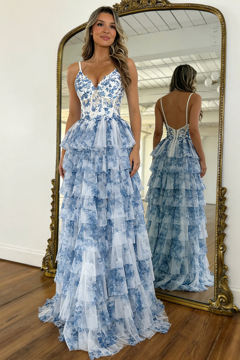 Luuvis Women Gorgeous A Line Spaghetti Straps Blue Floral Tiered