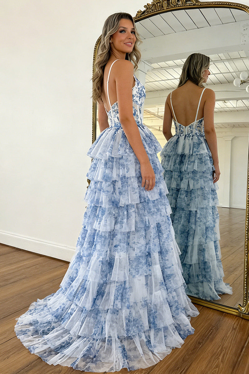 favlux blue floral dress Luuvis Women Gorgeous A Line Spaghetti Straps Tiered Tulle Prom with Corset Bodice LC_Formal Dresses 35.0 CARE Hand Wash Black Basic Evening Dress Size:M -10-12