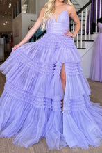 Load image into Gallery viewer, Gorgeous A Line Spaghetti Straps Lilac Long Prom Dress with Ruffles