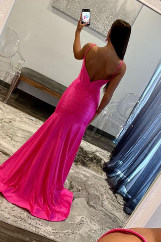 Hot Pink Spaghetti Straps Mermaid Long Satin Prom Dress with Slit