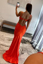 Load image into Gallery viewer, Stylish Orange Mermaid Spaghetti Straps Long Beaded Prom Dress