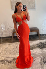 Load image into Gallery viewer, Stylish Orange Mermaid Spaghetti Straps Long Beaded Prom Dress