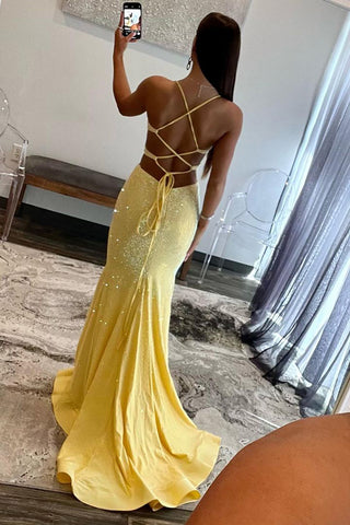 Yellow Mermaid Cutout Waist Lace Up Corset Long Beaded Prom Dress