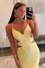 Load image into Gallery viewer, Yellow Mermaid Cutout Waist Lace Up Corset Long Beaded Prom Dress