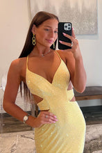 Load image into Gallery viewer, Yellow Mermaid Cutout Waist Lace Up Corset Long Beaded Prom Dress