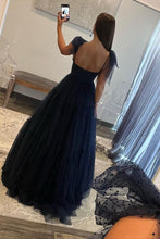 Load image into Gallery viewer, Dark Navy A-Line Tie Straps Zipper Back Long Tulle Prom Dress