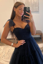 Load image into Gallery viewer, Dark Navy A-Line Tie Straps Zipper Back Long Tulle Prom Dress