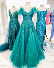 Load image into Gallery viewer, Princess A Line Off the Shoulder Green Long Prom Dress with Feather