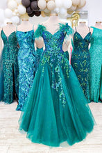 Load image into Gallery viewer, Princess A Line Off the Shoulder Green Long Prom Dress with Feather