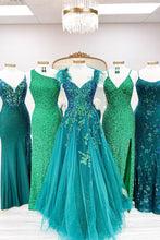 Load image into Gallery viewer, Princess A Line Off the Shoulder Green Long Prom Dress with Feather