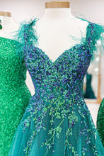 Load image into Gallery viewer, Princess A Line Off the Shoulder Green Long Prom Dress with Feather