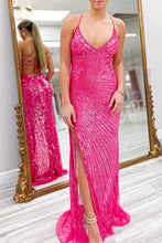 Load image into Gallery viewer, Sparkly Mermaid Spaghetti Straps Fuchsia Sequins Long Prom Dress with Criss Cross Back