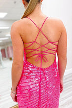 Load image into Gallery viewer, Sparkly Mermaid Spaghetti Straps Fuchsia Sequins Long Prom Dress with Criss Cross Back