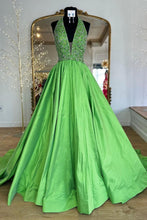 Load image into Gallery viewer, Princess A Line Halter Neck Green Long Prom Dress with Beading