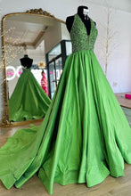 Load image into Gallery viewer, Princess A Line Halter Neck Green Long Prom Dress with Beading