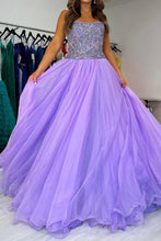 Load image into Gallery viewer, Charming A Line Strapless Purple Tulle Long Prom Dress with Beading