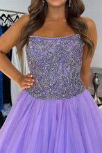 Load image into Gallery viewer, Charming A Line Strapless Purple Tulle Long Prom Dress with Beading