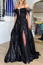Load image into Gallery viewer, Gorgeous A Line Off the Shoulder Black Sequins with Feather