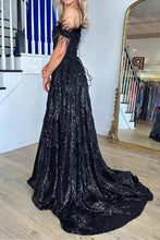Load image into Gallery viewer, Gorgeous A Line Off the Shoulder Black Sequins with Feather
