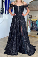 Load image into Gallery viewer, Gorgeous A Line Off the Shoulder Black Sequins with Feather