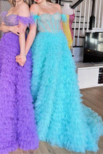Load image into Gallery viewer, Princess A Line Off the Shoulder Purple/Blue Corset Prom Dress with Beading