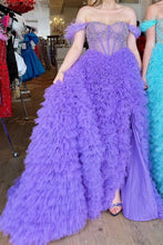 Load image into Gallery viewer, Princess A Line Off the Shoulder Purple/Blue Corset Prom Dress with Beading
