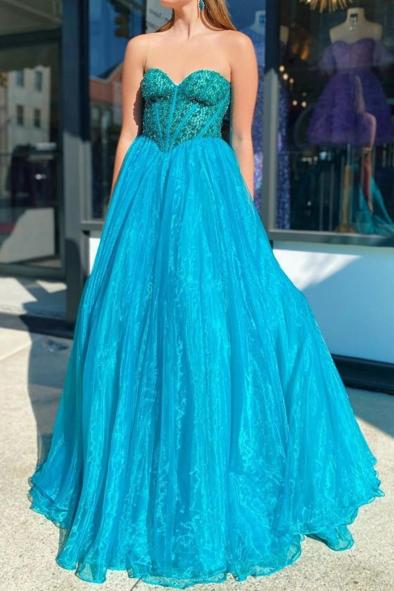 Luuvis Princess A Line Sweetheart Blue Corset Prom Dress with Beading