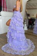 Load image into Gallery viewer, Gorgeous A Line One Shoulder Lilac Corset Prom Dress with Ruffles Lace