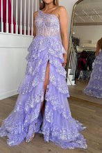 Load image into Gallery viewer, Gorgeous A Line One Shoulder Lilac Corset Prom Dress with Ruffles Lace