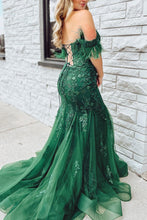 Load image into Gallery viewer, Dark Green Mermaid Off The Shoulder Long Corset Prom Dress With Appliques
