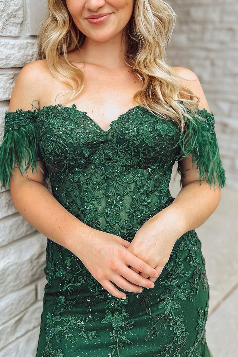 Modern Long Dark Green Mermaid Off-the-shoulder Lace Prom Dress With Long Sleeves main image 1