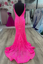 Load image into Gallery viewer, Sparkly Hot Pink Mermaid Backless Long Corset Prom Dress With Sequin