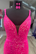 Load image into Gallery viewer, Sparkly Hot Pink Mermaid Backless Long Corset Prom Dress With Sequin