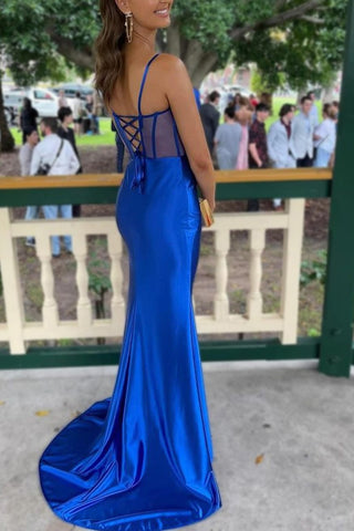 Royal Blue Mermaid Lace Up Long Satin Prom Dress With Split