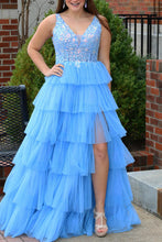 Load image into Gallery viewer, Blue A Line V-Neck Long Tiered Prom Dress with Slit And Appliques