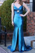 Load image into Gallery viewer, Dark Blue Mermaid Keyhole Back Long Satin Prom Dress With Slit
