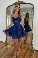 Load image into Gallery viewer, Well-made A Line Sweetheart Navy Blue Short Homecoming Dress with Ruffles Keyhole