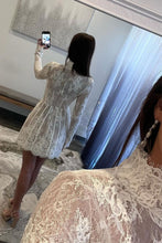 Load image into Gallery viewer, White A-Line High Neck Long Sleeves Short Lace Homecoming Dress