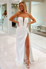 Load image into Gallery viewer, White Strapless Satin Ruched Gown with High Slit Prom Dress