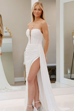 Load image into Gallery viewer, White Strapless Satin Ruched Gown with High Slit Prom Dress