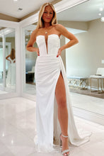Load image into Gallery viewer, White Strapless Satin Ruched Gown with High Slit Prom Dress